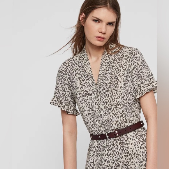 AllSaints Fay Lep Leopard Animal Print Button Mini Flutter Sleeve Dress Size XS - Picture 3 of 8